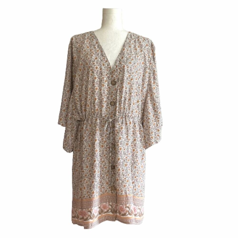 entro Cream Floral V-Neck Button Front Long Sleeve Dress with Border Hem